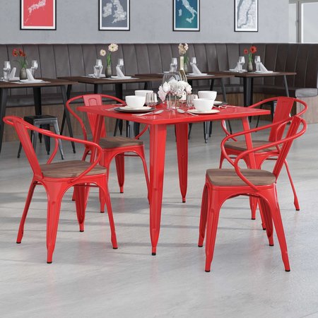 FLASH FURNITURE Red Metal Chair with Wood Seat and Arms 4-CH-31270-RED-WD-GG